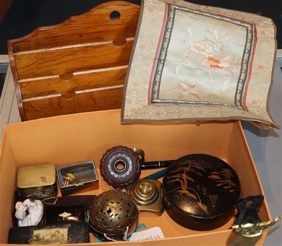 Sundry items including a 19th century Eastern engraved and pierced brass incense or perfume ball and a Chinese brass box